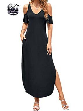 Women's Summer Maxi Dress Cold Shoulder Short Sleeve Split Beach